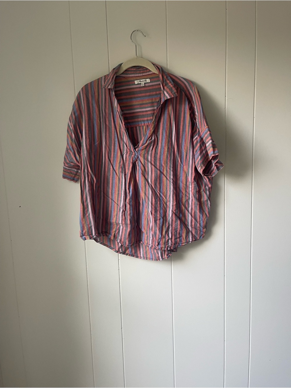 Madewell Pink and MultiColored Striped Short-Sleeve Button-Back Shirt